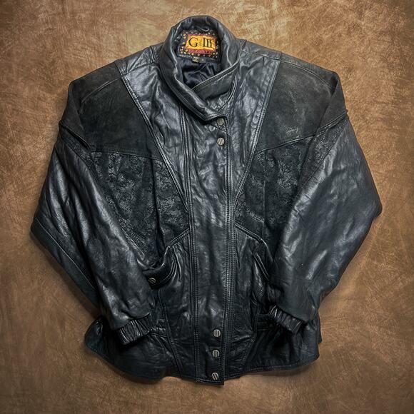 G III Vintage 80s Patchwork Leather Moto Jacket Coat Black Rocaille Suede Biker - Picture 1 of 14